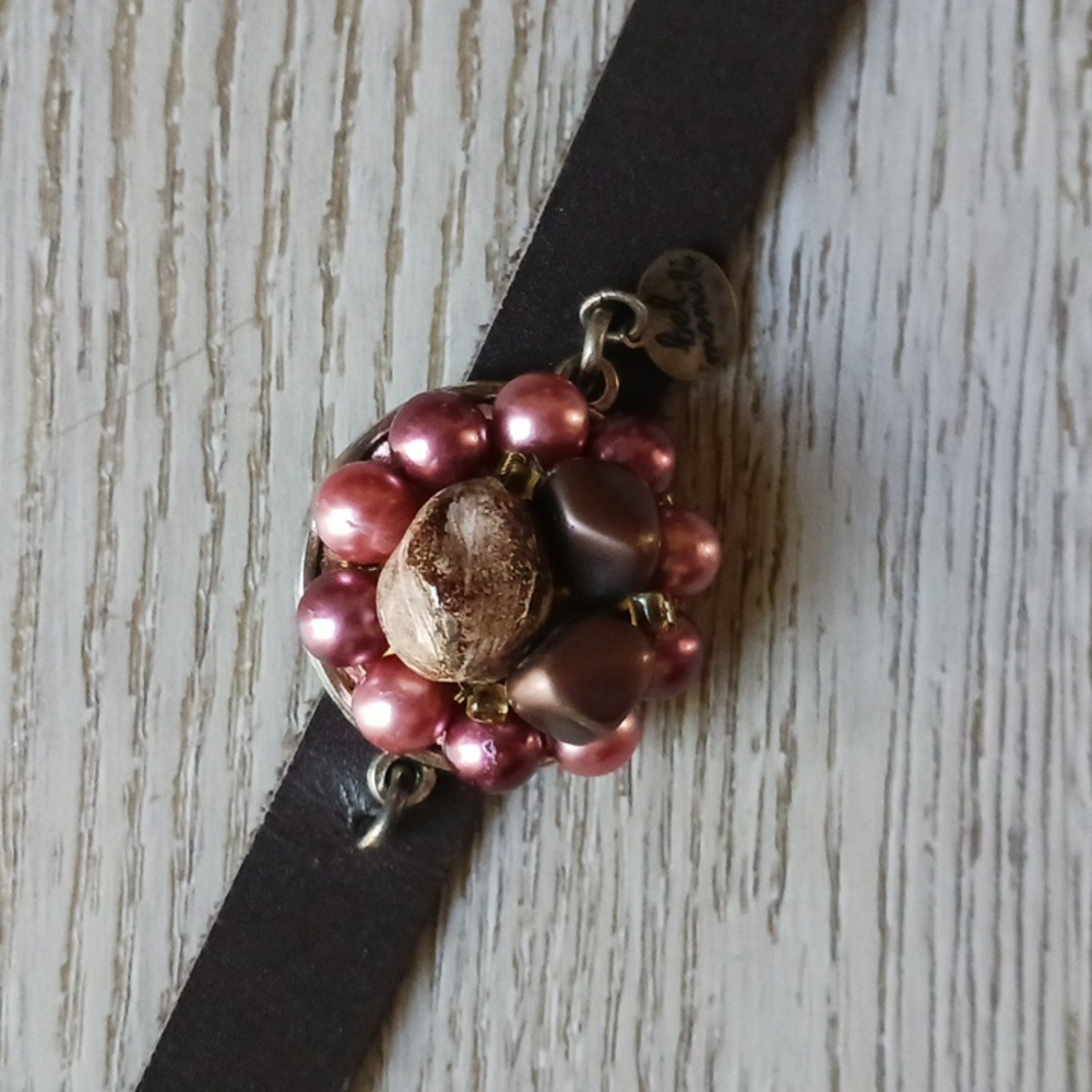 Leather Cuff Bracelet with Purple toned Vintage Beads